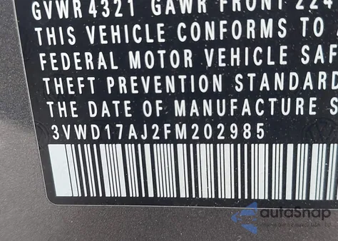 2015 Volkswagen Jetta 1.8T Sport z USA, uszkodzony, nr VIN 3VWD17AJ2FM202985